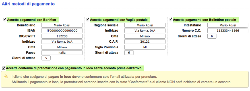 Gestione Prenotazioni con Bonifico Bancario, Vaglia, Bollettino Postale